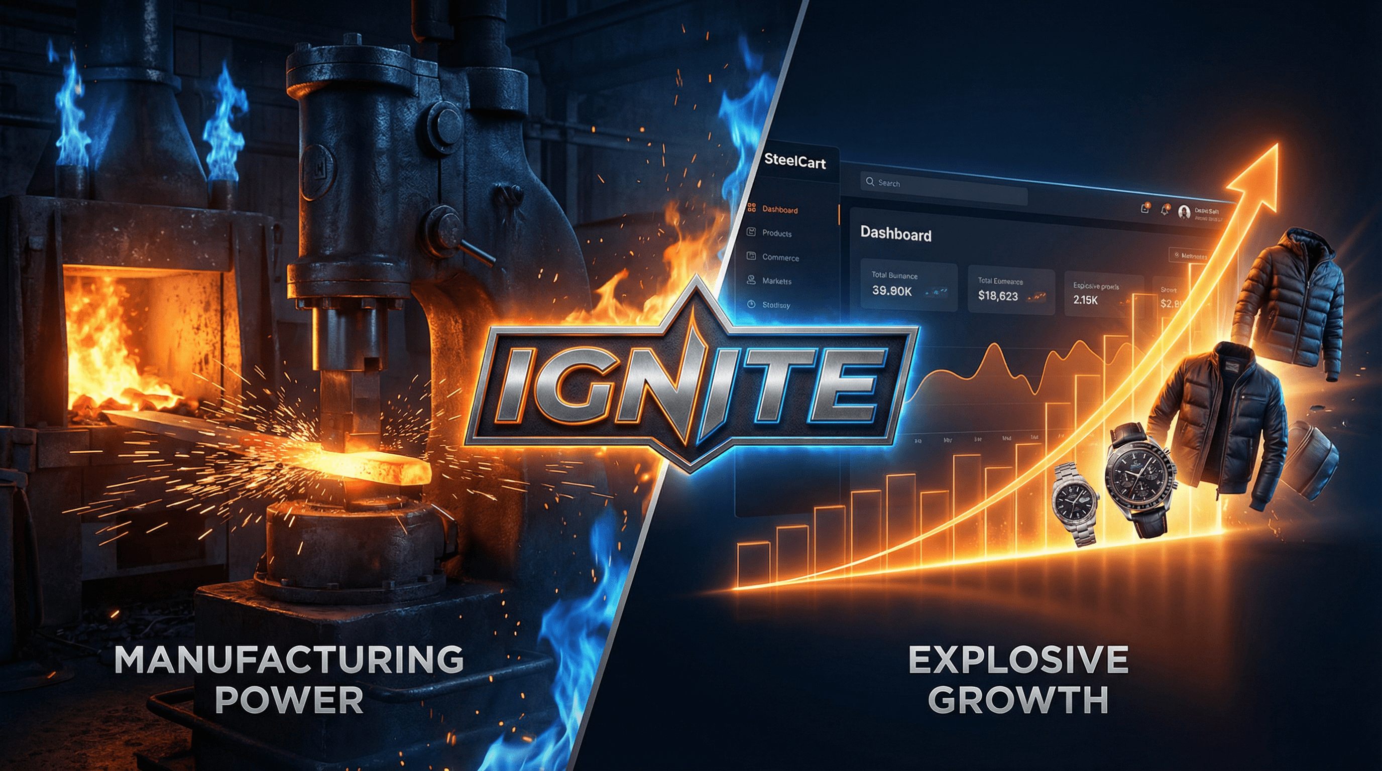 SteelCart Ignite - Manufacturing Power Meets Explosive Growth. Industrial forge on the left powering e-commerce dashboard and product growth on the right.